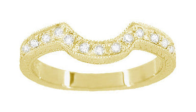 18 Karat Yellow Gold Art Deco Engraved Wheat and Scrolls Curved Hugger Diamond Wedding Band - alternate view