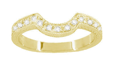 18 Karat Yellow Gold Art Deco Engraved Wheat and Scrolls Curved Hugger Diamond Wedding Band - Item: WR178YD - Image: 2