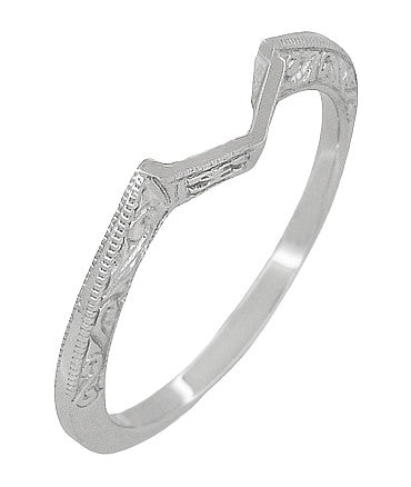 Contoured Art Deco Filigree Scrolls Wedding Band in 14 Karat White Gold - Item: WR180W - Image: 3
