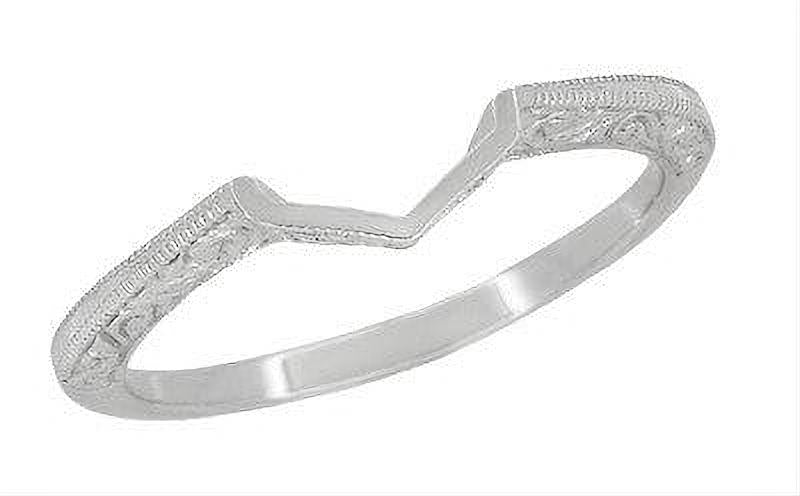 Contoured Art Deco Filigree Scrolls Wedding Band in 14 Karat White Gold - Item: WR180W - Image: 4