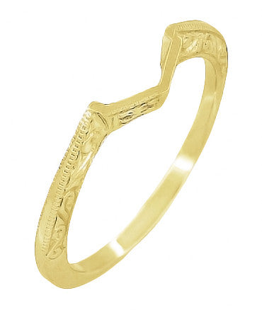 Art Deco Filigree Scrolls Engraved Contoured Wedding Band in 14 Karat Yellow Gold - Item: WR180Y - Image: 3