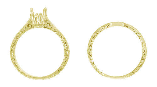 Yellow Gold Art Deco Scrolls Contoured Engraved Wedding Band - 14 or 18 Karat - Item: WR199PRY14K75 - Image: 3