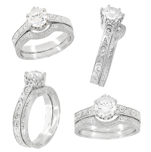 Art Deco Scrolls Engraved Curved Wedding Band in White Gold - Item: WR199W50K14 - Image: 6