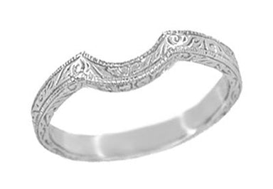 Art Deco Carved Scrolls Contoured Wedding Band in White Gold