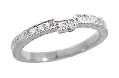 Art Deco White Gold Notched Engraved Diamond Wedding Ring - 14K or 18K