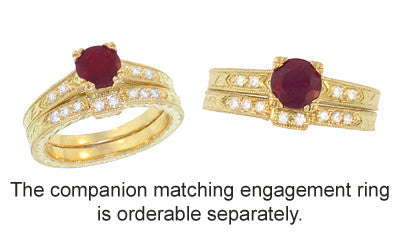 Art Deco Diamond Engraved Companion Wedding Ring in Yellow Gold - 18K or 14K - Item: WR283Y50K14-LC - Image: 3