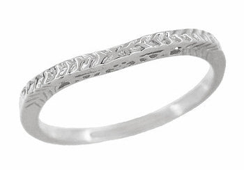 Crown of Leaves Art Deco Curved Filigree Engraved Wedding Band in 14K or 18K White Gold