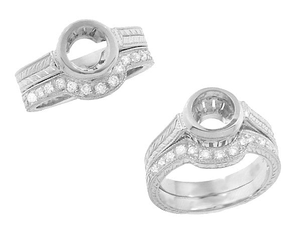 Art Deco Diamond Curved Engraved Wheat Wedding Ring in Platinum - Item: WR306PD - Image: 4