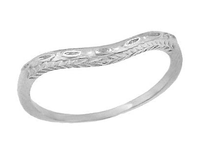 Art Deco Olive Leaves and Wheat Engraved Curved Wedding Band in White Gold - 10K, 14K or 18K