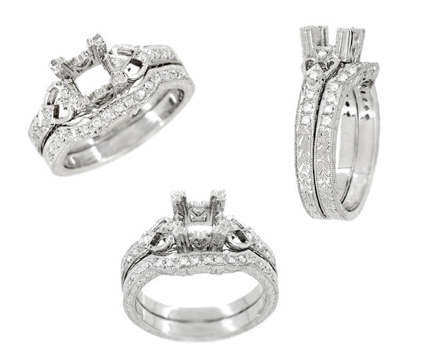 Art Deco Loving Hearts Contoured Vintage Engraved Wheat Diamond Wedding Ring in Platinum - Item: WR459P-LC - Image: 6