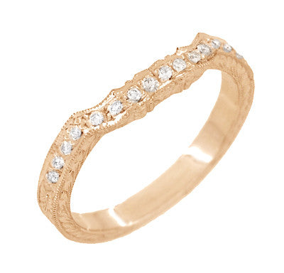 Art Deco Antique Style Loving Hearts Contoured Engraved Wheat Diamond Wedding Ring in 14 Karat Rose ( Pink ) Gold - Item: WR459R-LC - Image: 3