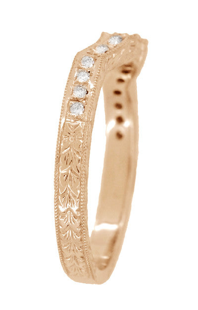 Art Deco Antique Style Loving Hearts Contoured Engraved Wheat Diamond Wedding Ring in 14 Karat Rose ( Pink ) Gold - Item: WR459R-LC - Image: 4