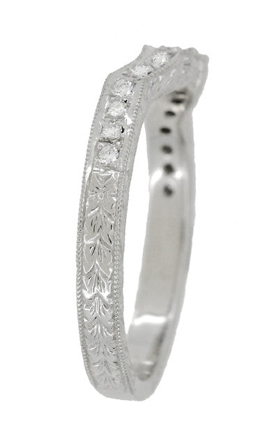 Art Deco Loving Hearts Contoured Antique Carved Wheat Diamond Wedding Ring in White Gold - Item: WR459W14K-LC - Image: 4