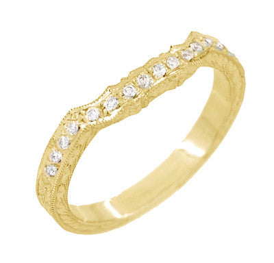 Yellow Gold Antique Style Loving Hearts Contoured Engraved Wheat Diamond Art Deco Wedding Ring - Item: WR459Y14-LC - Image: 3