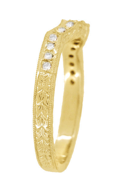 Yellow Gold Antique Style Loving Hearts Contoured Engraved Wheat Diamond Art Deco Wedding Ring - Item: WR459Y14-LC - Image: 4