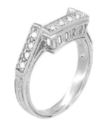 Art Deco Filigree Castle Diamond Notched Wedding Ring in White Gold