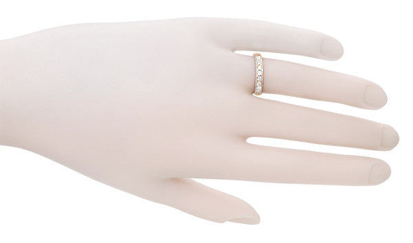 WR628R Antique Rose Gold Diamond Wedding Band on a Womans Hand