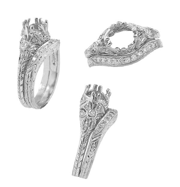 White Gold Art Deco Engraved Wheat Curved Diamond Wedding Band - 14K or 18K - Item: WR679W14D - Image: 5