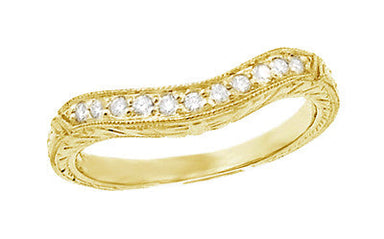 Art Deco Yellow Gold Carved Wheat Curved Hugger Diamond Wedding Band