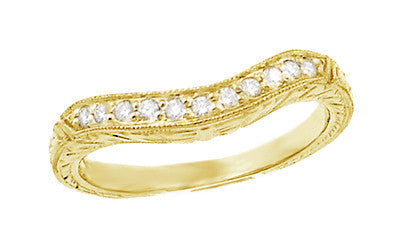Art Deco Yellow Gold Carved Wheat Curved Hugger Diamond Wedding Band