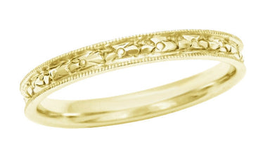 Yellow Gold Womens Edwardian Wedding Band with Floral Engraving - 14K or 18K