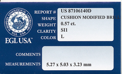 0.57 Carat Loose Cushion Modified Brilliant Cut Diamond L Color SI1 Clarity - Item: D130 - Image: 2