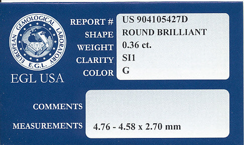 0.36 Carat G Color SI1 Clarity EGL USA Certified Natural Loose Round Diamond - Item: D417 - Image: 2
