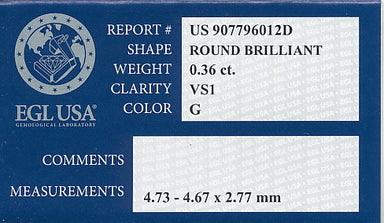 0.36 Carat Round Brilliant Cut Diamond | G Color VS1 Clarity | EGL USA Certificate - alternate view
