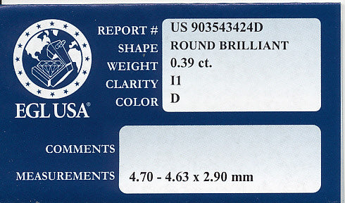 0.39 Carat D Color I1 Clarity EGL USA Certified|Natural Loose Round Diamond - Item: D390 - Image: 2