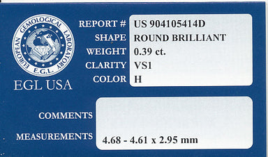 0.39 Carat VS1 Clarity H Color Loose Round Brilliant Diamond | EGL USA Certified - alternate view
