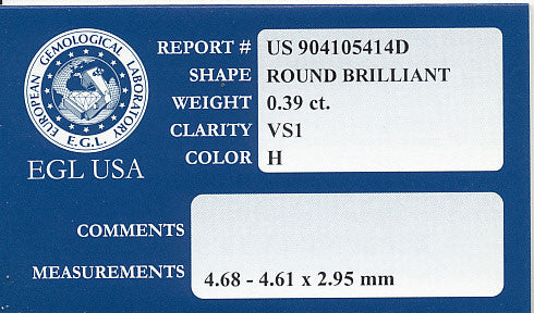 0.39 Carat VS1 Clarity H Color Loose Round Brilliant Diamond | EGL USA Certified - Item: D409 - Image: 2