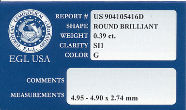 0.39 Carat G Color SI1 Clarity EGL USA Certificate | Loose Round Diamond - alternate view