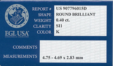 0.40 Carat K Color SI1 Clarity EGL Certified Loose Round Brilliant Cut Diamond - alternate view