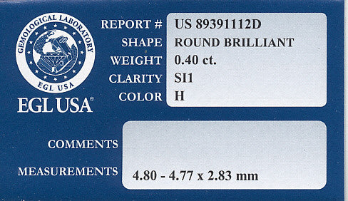 0.40 Carat H Color SI1 Clarity Loose Diamond | Round Brilliant | EGL Certificate - Item: D191 - Image: 2