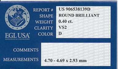 0.40 Carat Loose Round Brilliant Diamond D Color VS2 Clarity | EGL USA Certified - alternate view