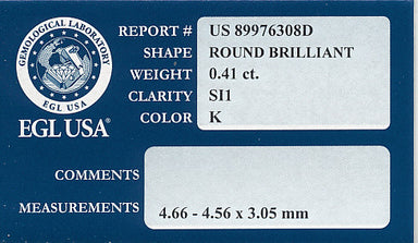 0.41 Carat K Color SI1 Clarity EGL USA Certified Loose Round Diamond - alternate view
