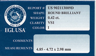 0.42 Round Brilliant Loose Diamond | VS1 Clarity I Color | EGL USA Certified - alternate view