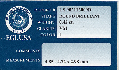 0.42 Carat Round Brilliant Loose Diamond | VS1 Clarity I Color | EGL USA Certified - Item: D344 - Image: 2
