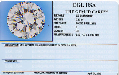 0.43 Carat Natural Loose Round Diamond G Color SI2 Clarity EGL USA Certified | Very Good Symmetry - alternate view