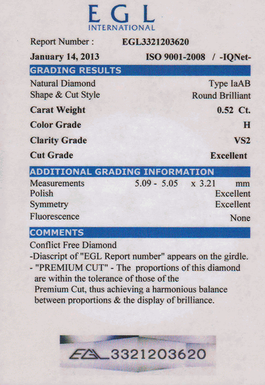 0.52 Carat H Color VS2 Clarity Loose Round Natural Diamond | Excellent Cut | EGL Certified - alternate view