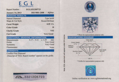0.55 Carat H Color VS2 Clarity Loose Diamond Natural | Very Good Cut | Non Conflict Diamond | EGL Certificate - alternate view