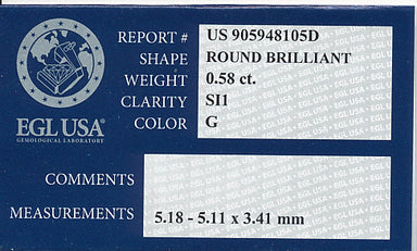 0.58 Carat G Color SI1 Clarity Loose Diamond | Good Cut | EGL USA Certificate - alternate view