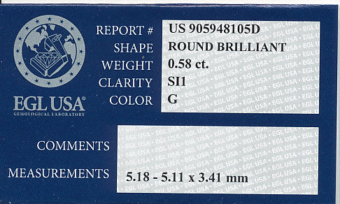 0.58 Carat G Color SI1 Clarity Loose Diamond | Good Cut | EGL USA Certificate - Item: D498 - Image: 2