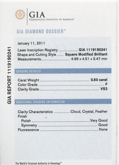 0.60 Carat Natural Loose Square Diamond F Color VS2 Clarity | GIA Report | Very Good Polish | Gorgeous Princess Cut - alternate view