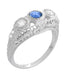 Filigree Edwardian Cornflower Blue Sapphire and Diamonds Three Stone Engagement Ring in 14 Karat White Gold