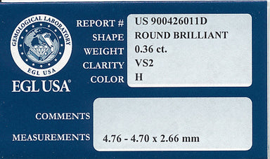 0.36 Carat H Color VS2 Clarity Loose Round Diamond | EGL USA Certified - alternate view