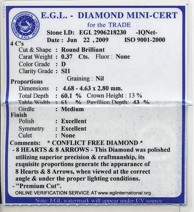 0.37 Carat D Color SI1 Clarity Loose Round  Diamond | Gorgeous and Eye Clean | EGL Certified - alternate view