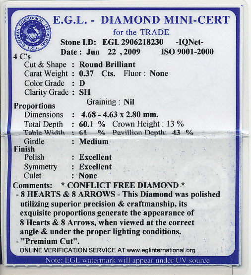 0.37 Carat D Color SI1 Clarity Loose Round  Diamond | Gorgeous and Eye Clean | EGL Certified - Item: D206 - Image: 2