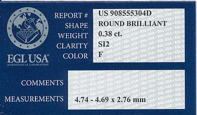 0.38 Carat F Color SI2 Clarity Loose Diamond EGL USA Certificate | Good Symmetry - alternate view