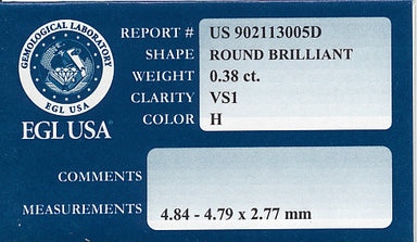 0.38 Carat H Color VS1 Clarity Loose Round Diamond | EGL USA Certified - alternate view